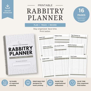 May include: A printable Rabbitry Planner with a spiral binding, featuring the title "Rabbitry Planner" in bold letters. The planner includes sections for tracking rabbit sales, litter growth, and expenses. The image also shows the text "Stay organised. Save time. Print better."
