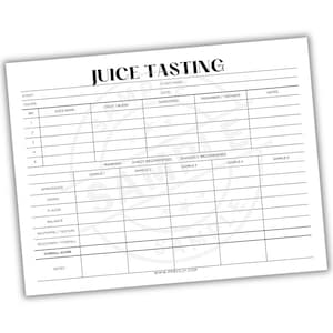 May include: A white paper titled "JUICE TASTING" with a grid for recording juice tasting notes. The form includes sections for juice name, fruit blend, sweetness, freshness, and overall score. The website address www.PPBYCJY.COM is at the bottom.