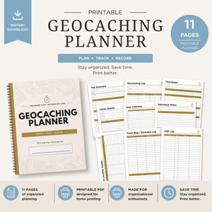 May include: A printable geocaching planner with 11 pages, featuring a spiral-bound notebook and individual planning sheets. The planner includes sections for trip summaries, cache details, and adventure notes. The text reads "Plan, Track, Record."