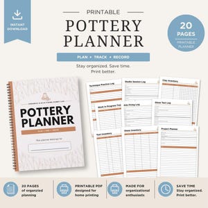 Può includere: Un pianificatore di ceramica stampabile da 20 pagine, con una copertina a spirale intitolata Pottery Planner e vari fogli di registro interni tra cui tecniche, sessioni in studio, inventario dell'argilla e registri di cottura.