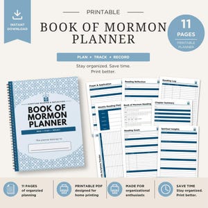 Può includere: Un planner stampabile del Libro di Mormon da 11 pagine, con una copertina a spirale caratterizzata da un motivo a croci azzurre e testo blu scuro. Il set include vari fogli organizzativi per registri di lettura, preghiera e riflessione.