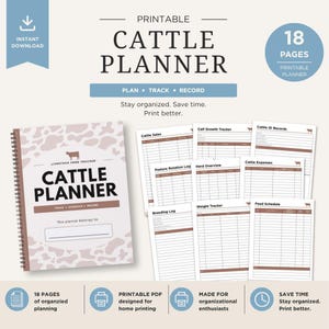 Op de afbeelding: Een afdrukbare veeplanner met 18 pagina's, met een spiraalgebonden notitieboek en diverse registratiebladen. De omslag toont de titel "Cattle Planner" met een koeienpatroon. Bevat secties voor planning, tracking en registratie.