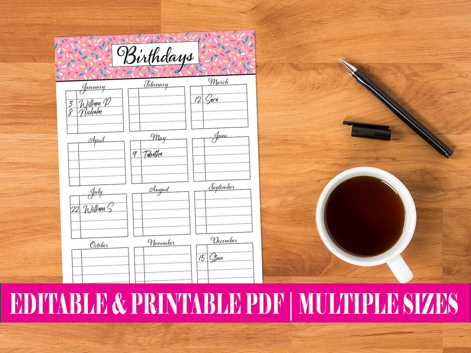 Birthday Reminder List Instant Digital PDF Download Print | Etsy