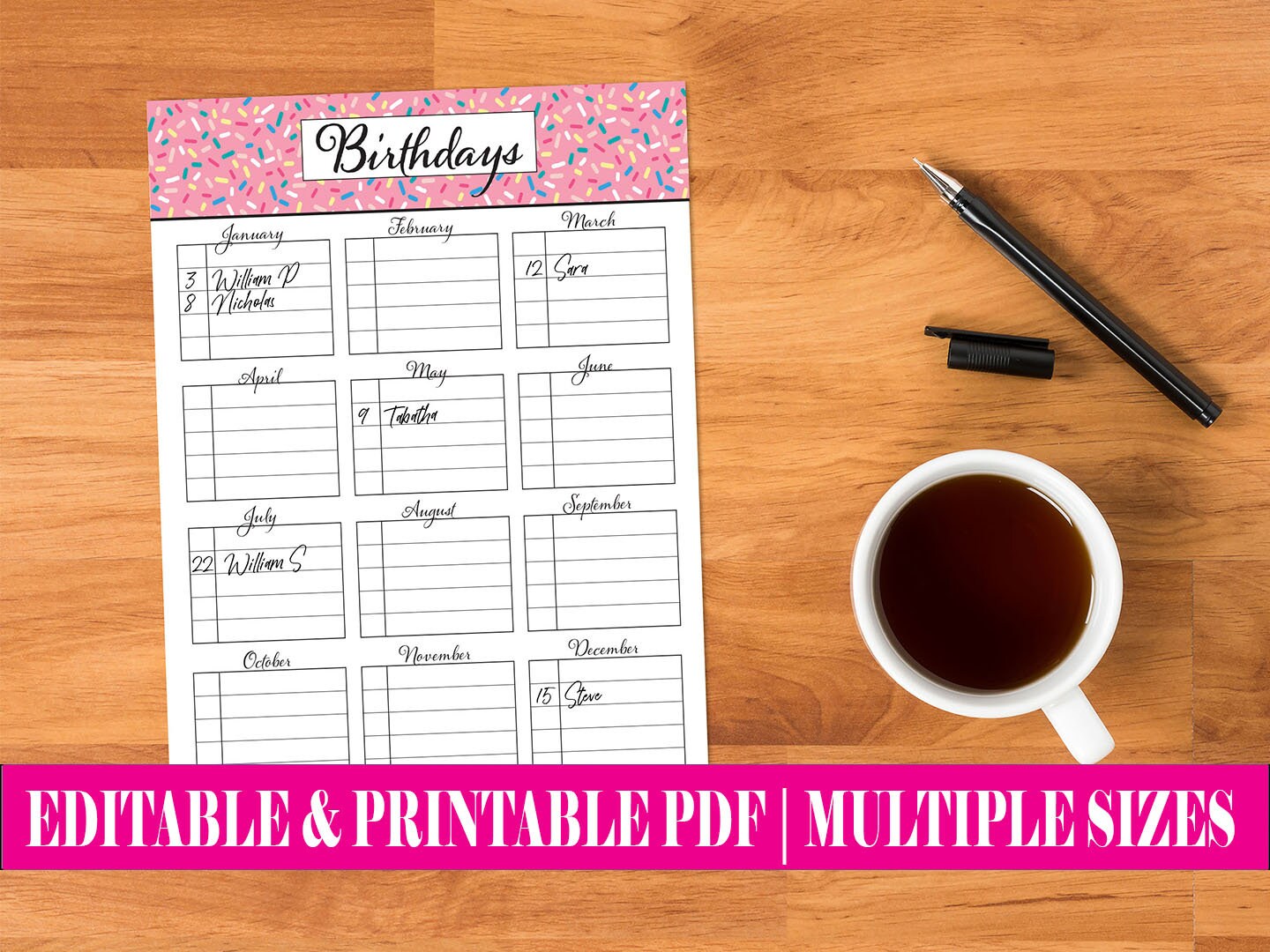 Birthday Reminder List Instant Digital PDF Download Print - Etsy UK