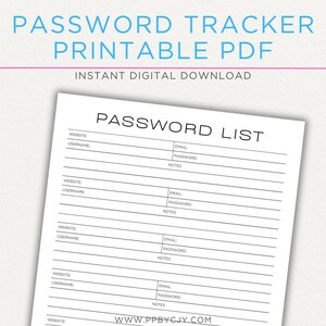 Afdrukbare online wachtwoordtracker | Organisator voor veilig inloggen | Wachtwoordlog website en account | Digitale download