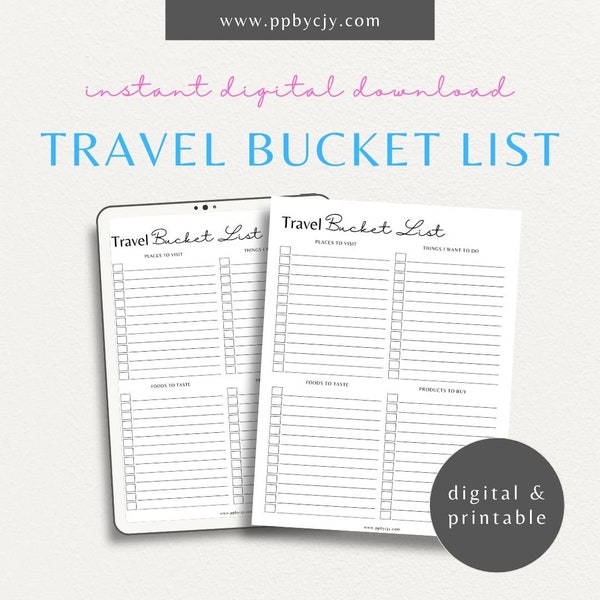 Travel Bucket List Printable Template | Holiday Trip Wishlist Digital Planner | Minimalist Family Places To Travel Dream Destinations List