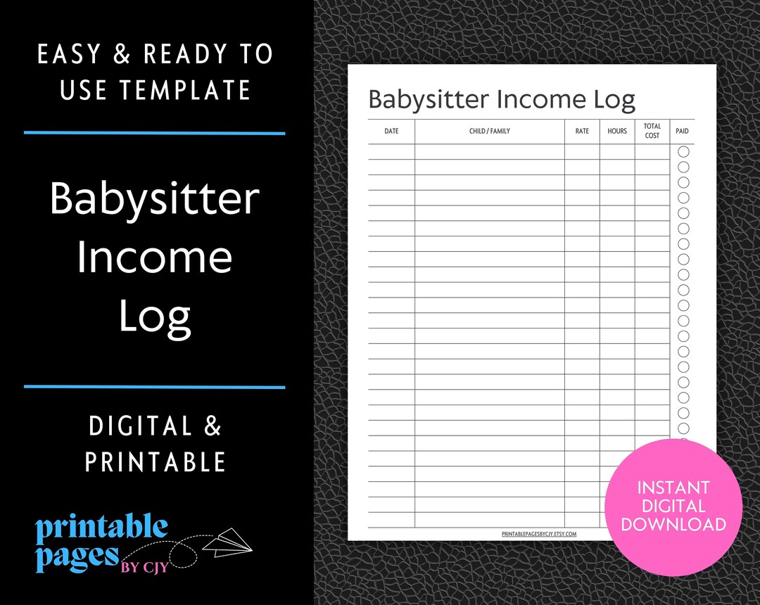Babysitter Log Printable Stream Tracker Small Business