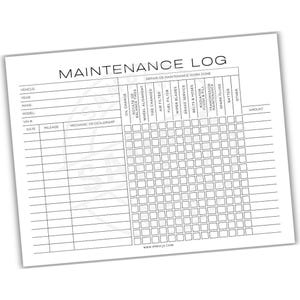 May include: A white maintenance log with the title "MAINTENANCE LOG" at the top. The log includes sections for vehicle information, date, mileage, and a grid for tracking repairs such as oil changes, tire rotations, and spark plugs. The website address www.PPBYCJY.COM is at the bottom.