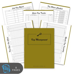 Puede incluir: Un conjunto de plantillas imprimibles para la gestión de llaves, que incluye una portada "Key Management", un "Lost Key Report", una "Key Return Checklist" y un "Spare Key Tracker". La portada es de color verde oliva con un dibujo de una llave. El conjunto incluye 8 páginas.