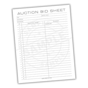 Silent Auction Bid Sheet | Fundraiser Charity Auction Log | Event Bidding Bid Form | Printable Donation Auction Bidding Page