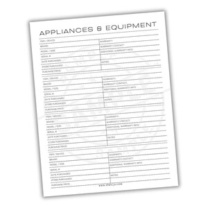 May include: A white paper titled "APPLIANCES & EQUIPMENT" with multiple sections for recording appliance details. Sections include item/device, brand, model/size, serial number, date purchased, store purchased, and purchase price. Also includes warranty information.