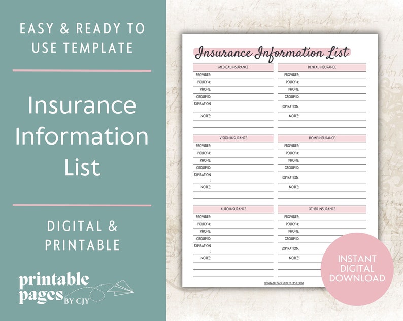 Insurance Tracker Disaster Readiness Printable Template Vintage Pink ...