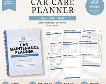 Może przedstawiać: Drukowany planer pielęgnacji samochodu z niebiesko-białą okładką, spiralną oprawą i napisem "CAR MAINTENANCE PLANNER". Planer zawiera strony do śledzenia konserwacji pojazdów, dzienników paliwa i informacji ubezpieczeniowych. Obraz pokazuje również 22-stronicowy planer.
