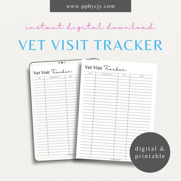 Pet Vet Visit Printable Tracker | Veterinarian Appointment Log | Pet Health Record | Dog Care Record | Cat Care Record | Pet Care Log