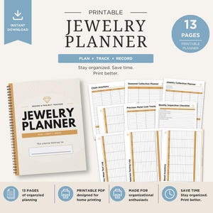 Può includere: Planner di gioielli stampabile con 13 pagine. La copertina presenta il testo "Jewelry Planner" e "Plan, Track, Record". Include pagine per l'inventario delle catene, la collezione stagionale e il monitoraggio dei costi dei metalli preziosi.