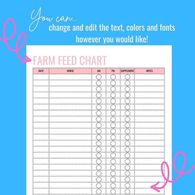 Farm Feed Chart Horse Feeding Log Equine Feeding Schedule Etsy