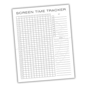 Op de afbeelding: Een wit papier met de titel "SCREEN TIME TRACKER" met een raster voor het bijhouden van de dagelijkse schermtijd. Het raster is verdeeld in maanden en dagen, met ruimte voor notities en een sleutel. Het ontwerp is eenvoudig en functioneel.