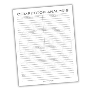 Könnte beinhalten: Ein weißes Blatt Papier mit der Überschrift "COMPETITOR ANALYSIS". Es ist in Abschnitte unterteilt, die Fragen wie "Wer sind Ihre Top (3) Wettbewerber?" und "Was bieten sie an?" für die Geschäftsplanung enthalten.