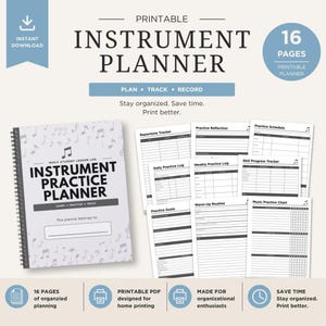 以下が含まれることがあります： 16ページの印刷可能な楽器練習プランナー。表紙には「Instrument Practice Planner」と「Learn, Practice, Track」の文字が書かれています。プランナーには、練習目標、レパートリー追跡、音楽練習チャートのセクションが含まれています。「整理整頓。時間を節約。より良く印刷する」というテキストも含まれています。
