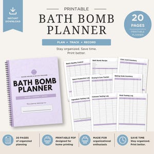 May include: A printable bath bomb planner with a lavender cover and spiral binding. The planner includes pages for recipes, batch tracking, and ingredient testing. The text on the cover reads "Bath Bomb Planner". The image also includes a blue instant download icon.