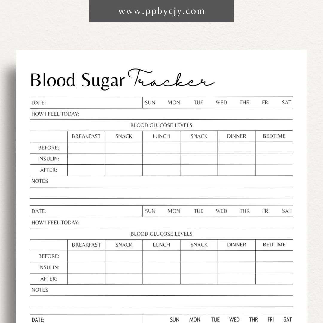 Blood Sugar Printable Template Blood Glucose Tracker Log Diabetic Blood ...
