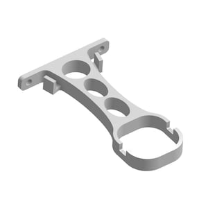 May include: A light gray, 3D-rendered object with a unique shape. It features a rectangular top with two holes and a small rectangular projection. The body has three circular cutouts and a curved end with a rounded opening.