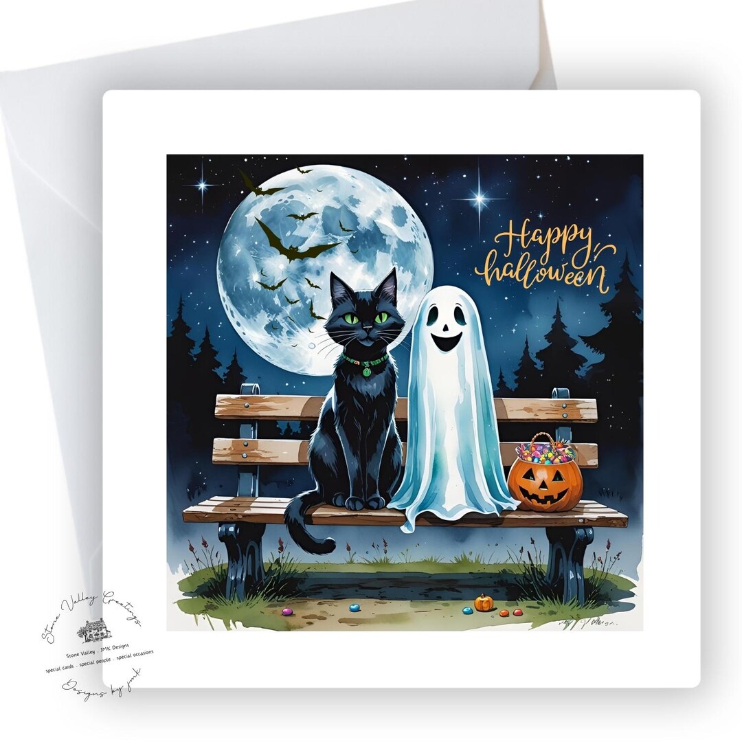 Halloween Card, Nostalgic Black Cat and Ghost, 5x5 Card Blank Inside - Etsy