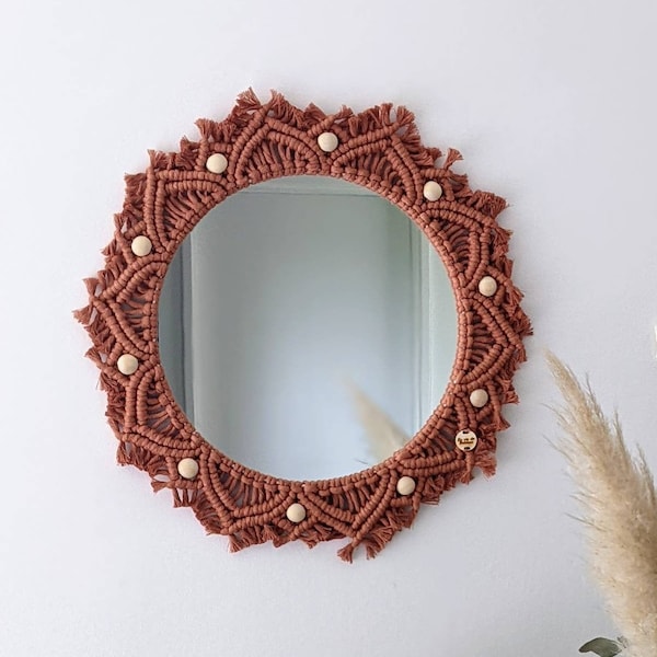 Miroir mural bohème 42cm macramé et perles de bois, Miroir en macramé grand miroir, miroir terracotta, miroir eco-responsable, grand diamètr