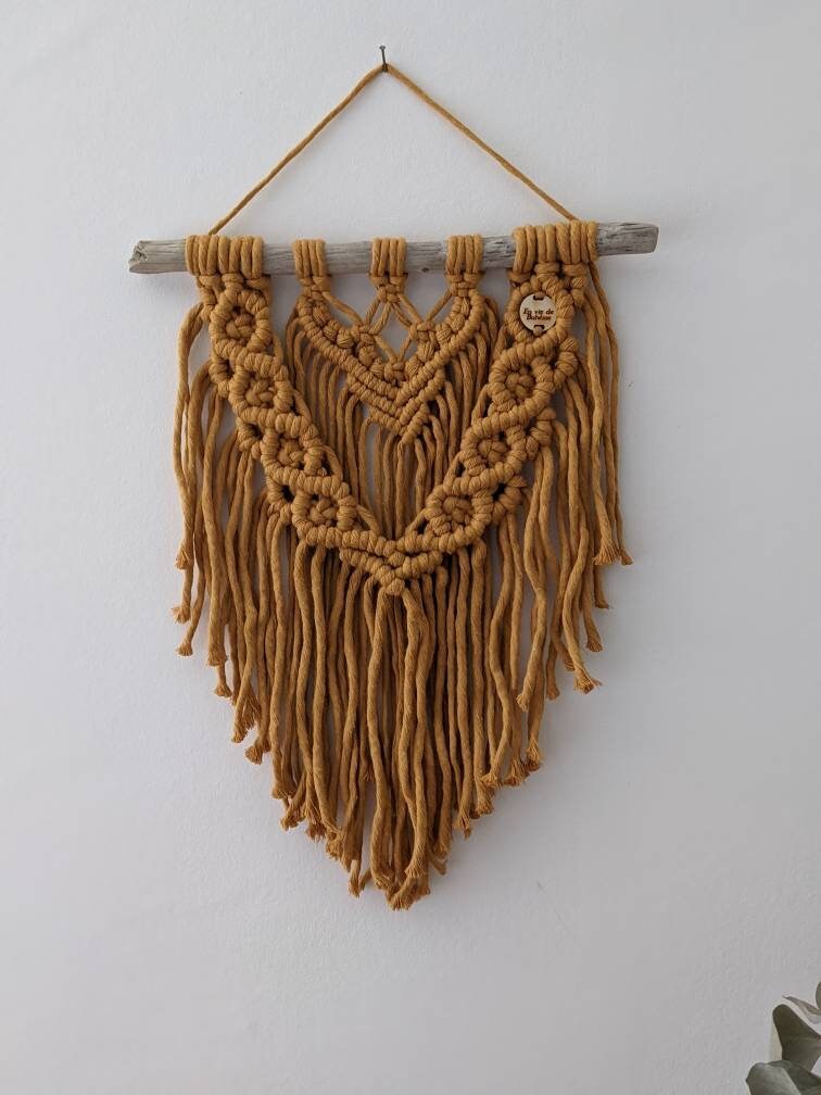 Petit Macramé Suspendu, Décoration Murale en Boho, Macramé Moutarde, Tenture à Suspendre, Petit, Mur