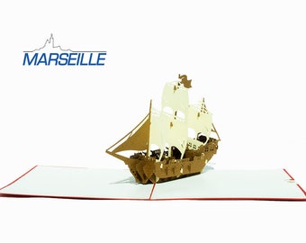 pop up card sea Boat Vintage - Personalized MARSEILLE Greeting Birthday Congratulation Valentine Mother's Wedding Thank japanese paper
