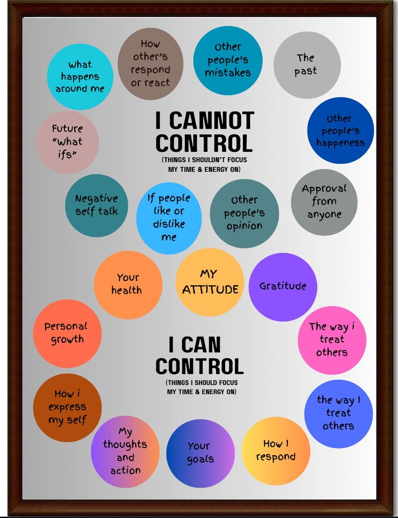 May include: A framed print with the text "I CANNOT CONTROL" and "I CAN CONTROL" in bold, black letters. The image features colourful circles with phrases like "My attitude," "Your goals," and "Other people's mistakes."
