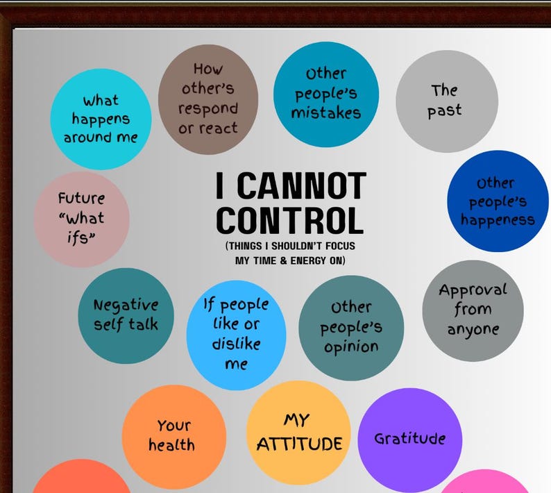 May include: A poster with the words "I CANNOT CONTROL" in bold black text, encircled by colourful circles. These circles list concepts such as "Negative self talk" and "Gratitude".