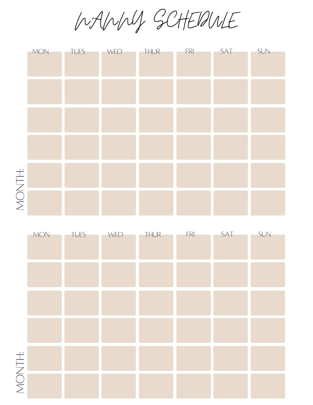 Blank Nanny Calendar / Schedule Page Printable Template Etsy