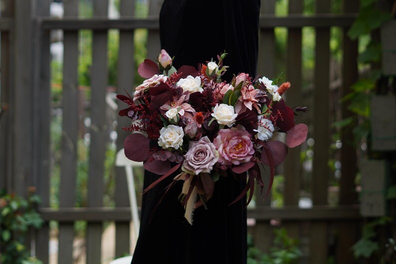 Dark Red Silk Flowers Bridal Bouquet Pampas Grass,boho Wedding Bouquet