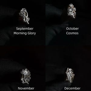 Pu&ograve; includere: Quattro anelli d'argento con diversi disegni di fiori. Ogni anello &egrave; inciso con il mese e il nome del fiore. Settembre Morning Glory, Ottobre Cosmos, Novembre Crisantemo, Dicembre Narciso.
