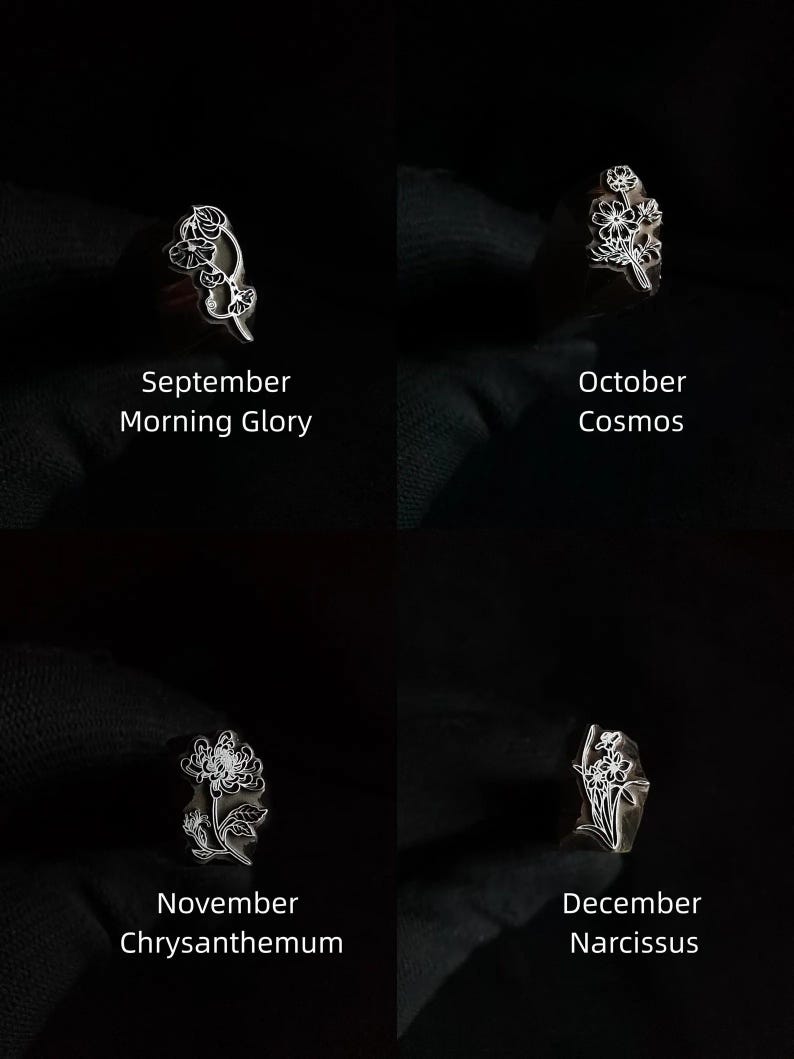 Pu&ograve; includere: Quattro anelli d'argento con diversi disegni di fiori. Ogni anello &egrave; inciso con il mese e il nome del fiore. Settembre Morning Glory, Ottobre Cosmos, Novembre Crisantemo, Dicembre Narciso.