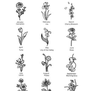 Pu&ograve; includere: Un'illustrazione in bianco e nero di un grafico di fiori di nascita. Ogni mese dell'anno &egrave; rappresentato da un fiore diverso. I fiori sono disegnati in uno stile semplice ed elegante.