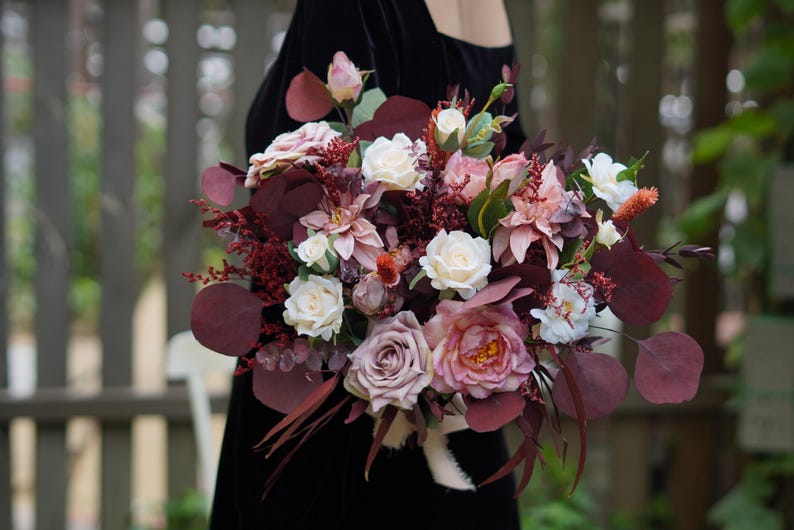 Dark Red Silk Flowers Bridal Bouquet Pampas Grass,boho Wedding Bouquet