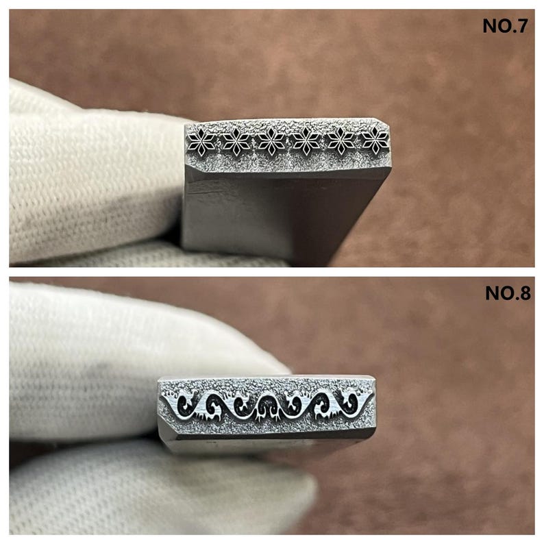 May include: Two metal stamps for leather crafting. The top stamp features a repeating pattern of small, stylized flowers. The bottom stamp features a repeating pattern of stylized, swirling vines.