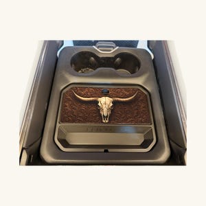 Ram 1500 Center Console Organizer, Longhorn Skull Lid, Tooled Leather Look, Hidden Storage (2019-2026)