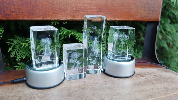 Set of Four 3D Laser Etched Glass Art With Two LED Spinning Display Stands  