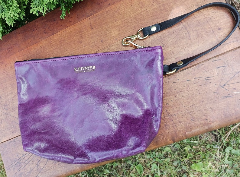 R. Riveted Plum Purple Leather Clutch