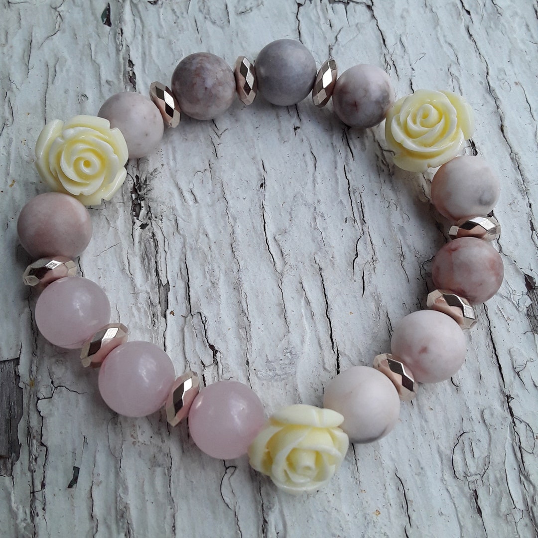 Bracelet En Quartz Rose Et Jade Zèbre 8mm Avec Pendentif Arbre De Vie - Bijou De Guérison Et Chakra Pour Femmes