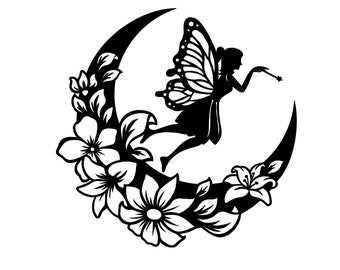 Wróżka kwiatowa SVG, sylwetka wróżki clipart PNG, pliki SVG dla Cricut, natychmiastowe pobieranie cyfrowe, plik SVG Cut, wróżka na księżycu