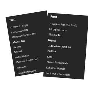 Może przedstawiać: Dwie czarne prostokątne karty ze słowem "Font" na g&oacute;rze. Karty zawierają r&oacute;żne nazwy czcionek w kolorze białym, w tym "Marker Felt" i "Impact". Czcionki są wyświetlane w stylu bezszeryfowym.