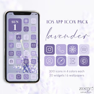 Lavender iOS App Icon Pack | 300 Unique Icons in 4 Colors Each + 20 Widget Quotes + 6 Wallpapers | Purple iPhone Covers Aesthetic Bundle Set