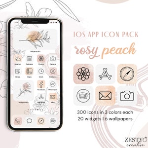 Rosy Peach Watercolor iOS App Icon Pack | 300 Unique Icons in 3 Colors Each + 20 Widgets + 6 Wallpapers | Floral iPhone Covers Aesthetic Set