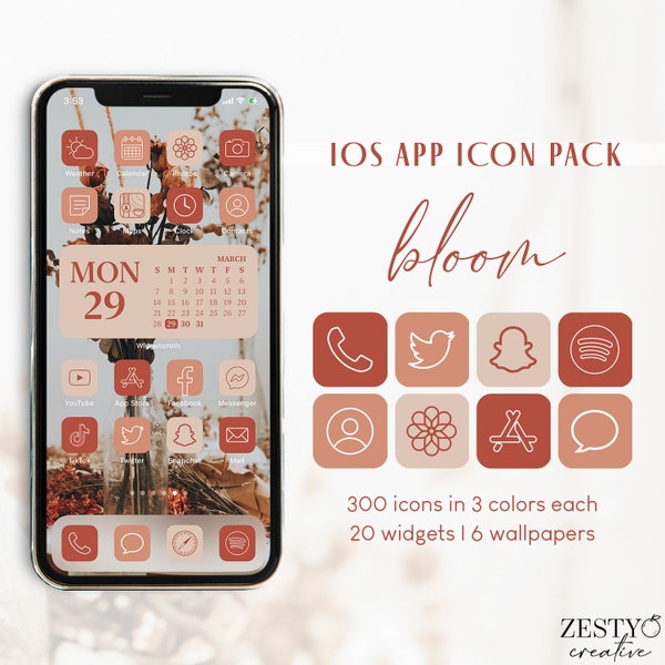 Bloom iOS App Icon Pack | 300 Unique Icons in 3 Colors Each + 20 Widget Photos + 6 Wallpapers | Boho Red Coral Aesthetic Covers Bundle Set