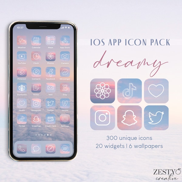 Dreamy iOS 14 15 App Icon Pack | 300 Unique Icons + 20 Widget Quotes + 6 Wallpapers | Pink Blue Clouds Sunset Aesthetic iPhone Covers Bundle