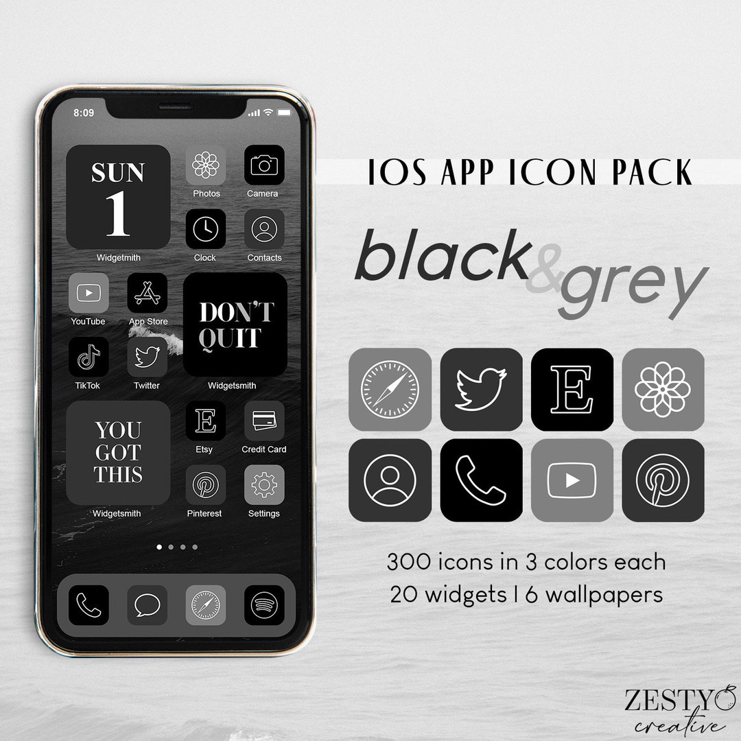 Black and Grey Ios App Icon Pack 300 Unique Icons in 3 Colors Each 20